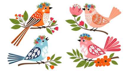 Cute Spring Birds with Floral Crowns and Leaves Set for Easter Greeting Cards and Nursery Wall Art Decor on White Background