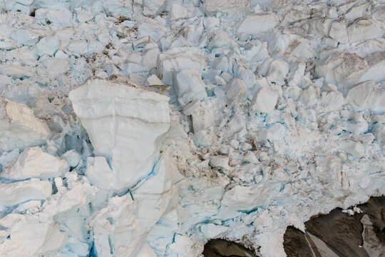 Close-Up of Glacial Ice Seracs and Crevasse Debris on a Coastal Glacier in BC, Canada