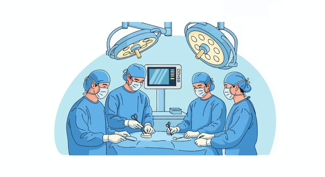 Illustration of a surgical team of four doctors in blue scrubs and masks performing an operation in a hospital operating room with surgical lights and a digital monitor.