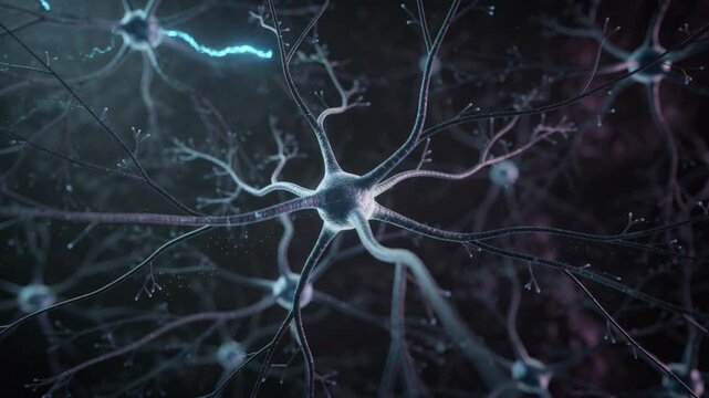 Detailed digital illustration of electric neurons firing in the human brain with glowing synapses and neural network