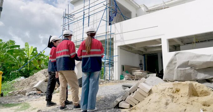 Construction inspection team walks across exterior work zone, asian woman engineer and male contractor review unfinished building progress, scaffold safety, quality control coordination outdoors