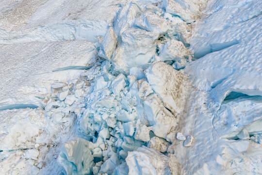 Close-Up of Glacial Ice Seracs and Crevasse Debris on a Coastal Glacier in BC, Canada