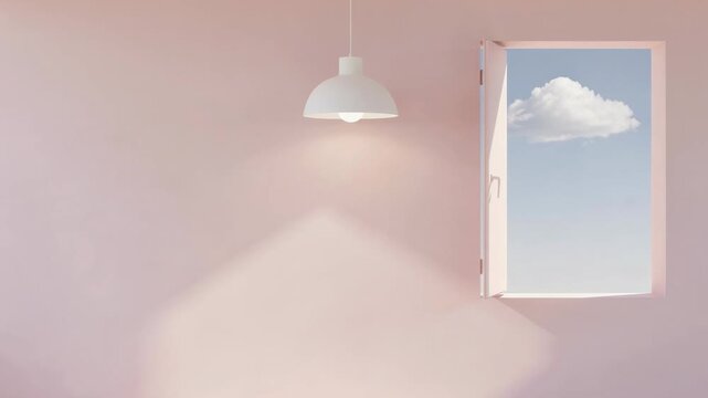 Minimalist interior with soft pink walls, modern white pendant lamp, and open window showing blue sky and cloud