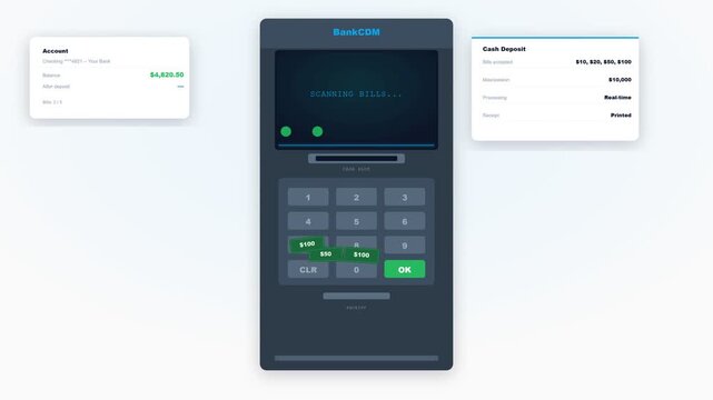 ATM Cash Deposit Machine Interface and Digital Banking UI Design. 4K Video