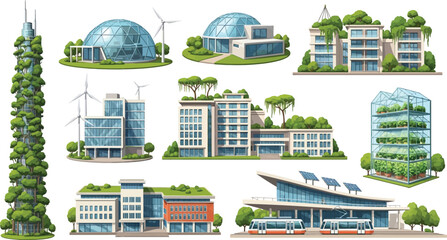 Fototapeta premium Set of eco-friendly green buildings with vertical gardens, solar panels, and wind turbines in vector illustration style