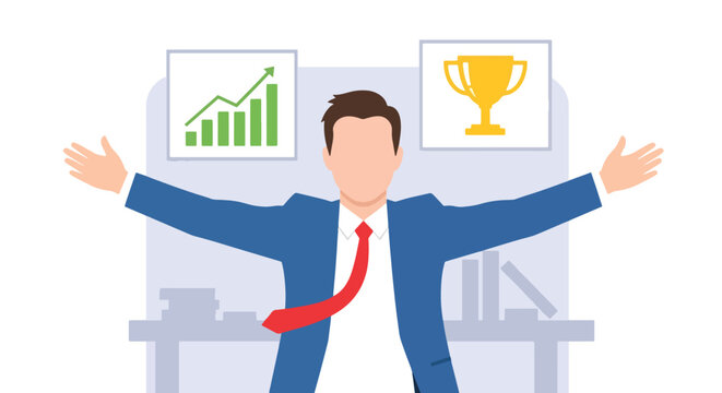 Flat style vector illustration of a successful businessman celebrating achievement in a modern office with growth charts, awards and positive results