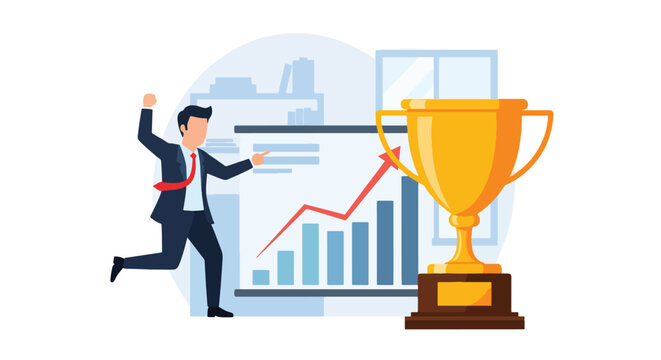 Flat style vector illustration of a successful businessman celebrating achievement in a modern office with growth charts, awards and positive results