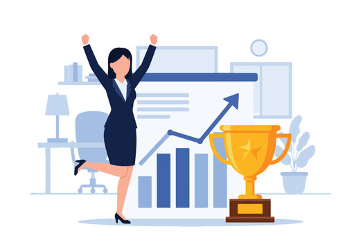 Flat style vector illustration of a successful businesswoman celebrating achievement in a modern office with growth charts, awards and positive results
