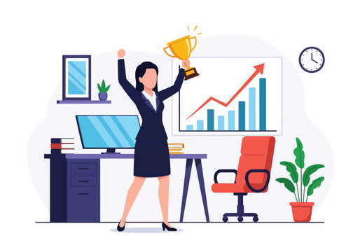 Flat style vector illustration of a successful businesswoman celebrating achievement in a modern office with growth charts, awards and positive results