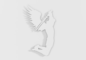 Naklejka premium Fantasy man angel warrior with wings. Warlike character. A fantasy character is a knight of light. 3D render