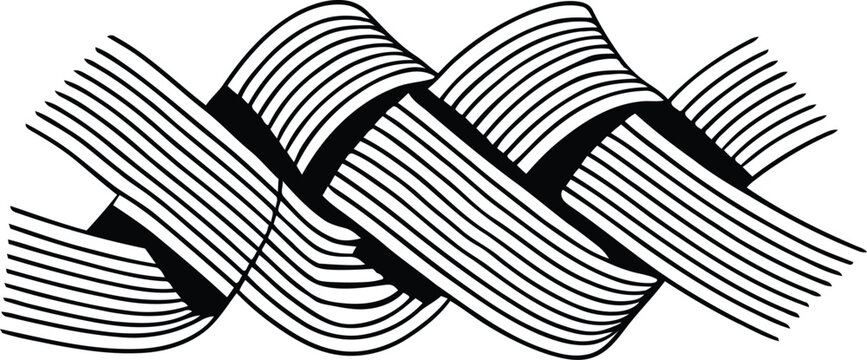 Abstract striped ribbon weaving pattern in black and white outline style intricate interwoven