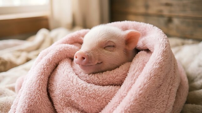 Cute little piglet sleeping peacefully inside a soft pink and brown pet bed at home