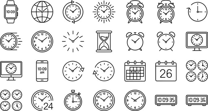 Time Management and Clock Icon Set Featuring Alarm Watches Hourglass Calendars and Global Timezone Symbols for Scheduling Productivity Planning and Professional Digital Interface Designs