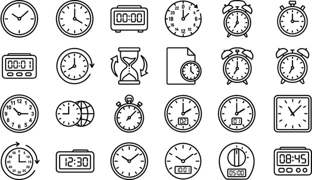 Time Management and Clock Icon Set Featuring Alarm Watches Hourglass Digital Timers and Global Timezone Symbols for Scheduling Productivity Planning and Professional Application Interface Designs