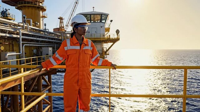 Female offshore engineer in safety gear standing on oil platform at sunset oil rig woman industrial