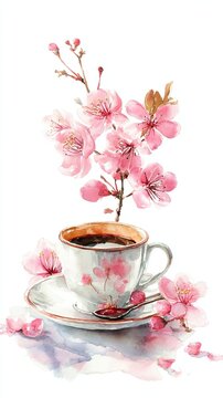 A delicate watercolor painting of a coffee cup adorned with pink cherry blossoms, accompanied by blossoming branches and scattered petals on a white background.