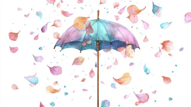 A pastel-colored umbrella shelters from falling autumn leaves in soft hues of orange, pink, and blue on a white background.