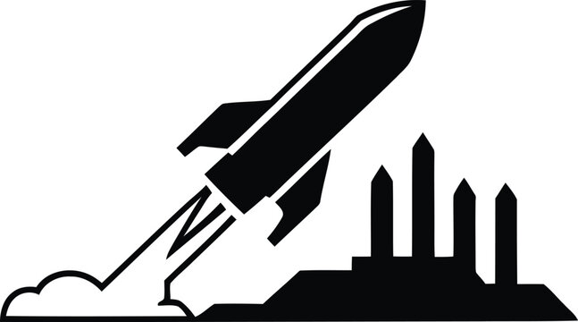 Rocket launch from launchpad with smoke plumes and abstract structures in the background travel