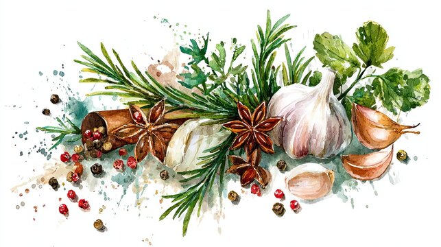 A watercolor illustration of fresh garlic, star anise, rosemary, cinnamon, peppercorns, and herbs scattered on a white background.