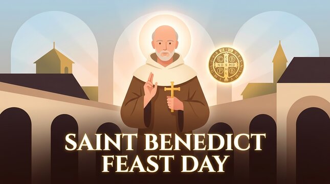 Saint benedict feast day illustration with saint benedict holding a cross and the saint benedict medal
