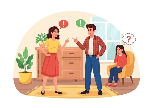Family conflict argumentative parents and upset child, domestic dispute and emotional distress illustration