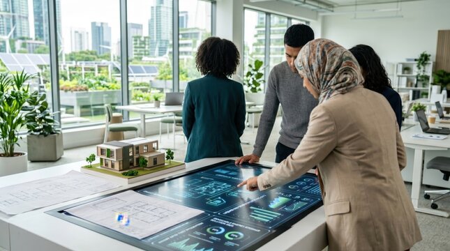 Diverse team of architects and engineers collaborating around smart table with digital blueprints and building model in modern office