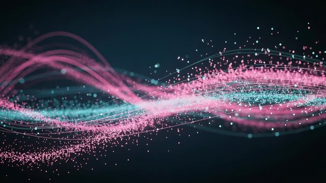 Abstract digital wave with flowing pink and blue particles on dark background for technology and science themes