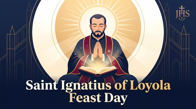 Saint ignatius of loyola feast day illustration with praying priest and jhs symbol