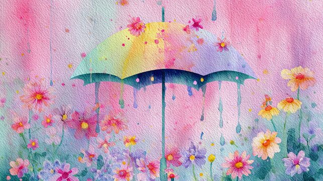 A pastel-colored umbrella shields a field of blooming flowers from falling raindrops, blending nature's beauty with a dreamy watercolor effect.