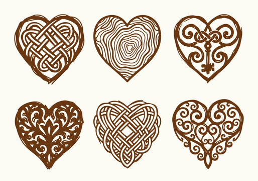 Hand Drawn Heart Icon Set, Creative Love Logo Elements, Celtic Knot, Rose, Tree of Life, Water Splash, Crystal, Vintage Filigree, Decorative Vector Illustration Collection for Branding and Design
