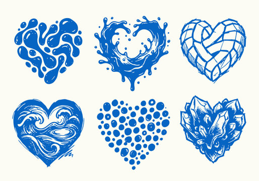 Hand Drawn Heart Icon Set, Creative Love Logo Elements, Celtic Knot, Rose, Tree of Life, Water Splash, Crystal, Vintage Filigree, Decorative Vector Illustration Collection for Branding and Design