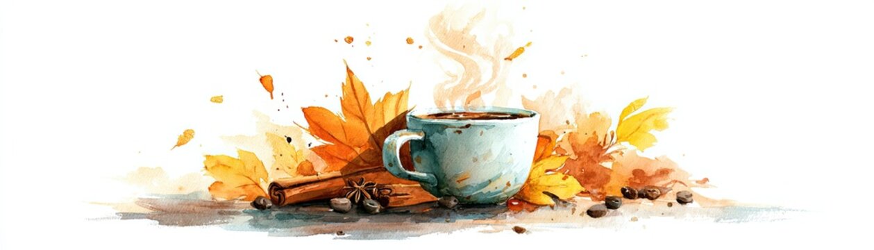 A steaming cup of coffee surrounded by autumn leaves and cinnamon sticks in a warm, cozy watercolor style.