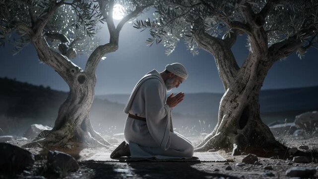 Man praying at night under olive trees with serene moonlight and peaceful spiritual atmosphere