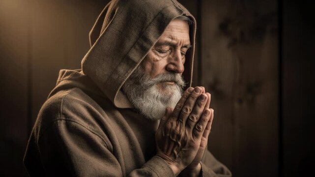 Elderly man in a hooded robe praying with closed eyes showing peace and spirituality