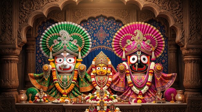 Exquisite idols of lord jagannath balabhadra and subhadra decorated with colorful fabrics in ancient temple