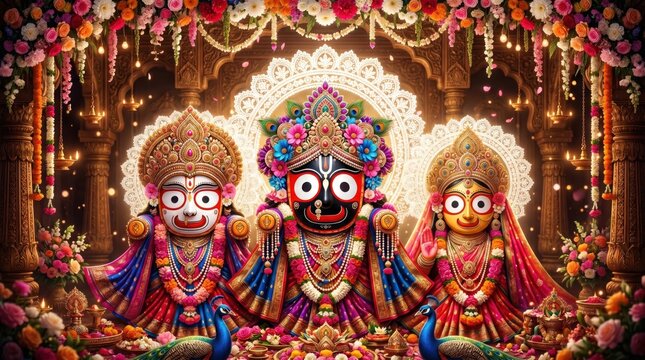 Divine trio of jagannath balabhadra and subhadra surrounded by lush floral decorations and peacock statues