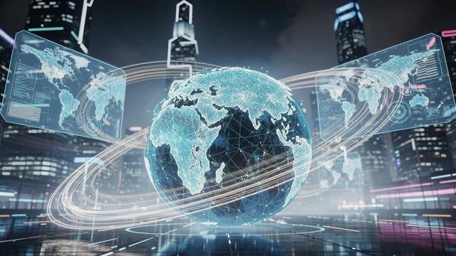 Futuristic digital globe with global network connections and holographic world maps in modern city environment