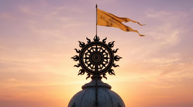 Golden dharma chakra symbol atop a temple dome against a soft pastel sunset sky with a fluttering yellow flag