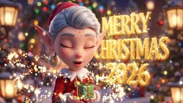 Animated Elf Holding Christmas Gift Box.
