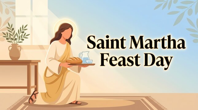Saint martha feast day illustration with a woman serving bread and water