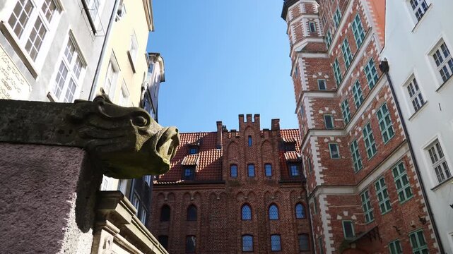 Gargoyles on the balconies of the old town of Gdansk, Poland.