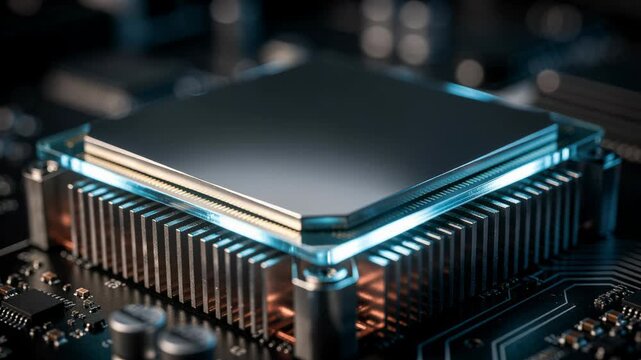 Close up of modern computer processor with cooling system on motherboard with detailed electronic components