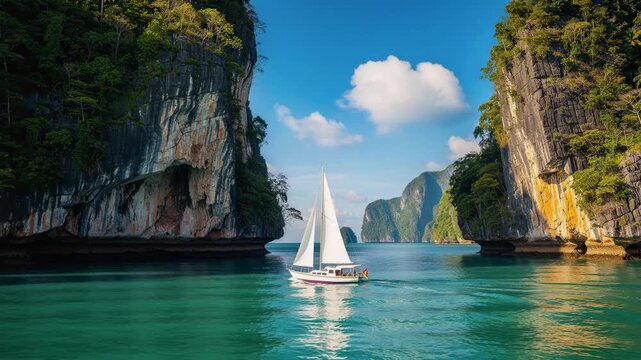 Sailboat cruising through turquoise water between towering tropical limestone cliffs under blue sky