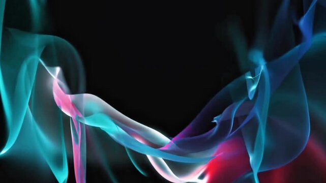 Abstract loop background of neon cyan, red, and pink transparent fluid smoke waves moving dynamically on a black background.