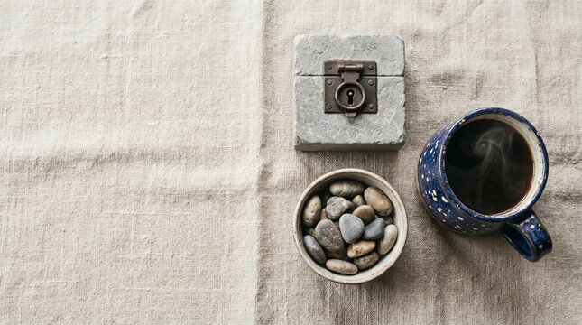 Flat lay of hot black coffee, a vintage stone box with a metal clasp, and a small bowl of river stones on a textured beige linen fabric.