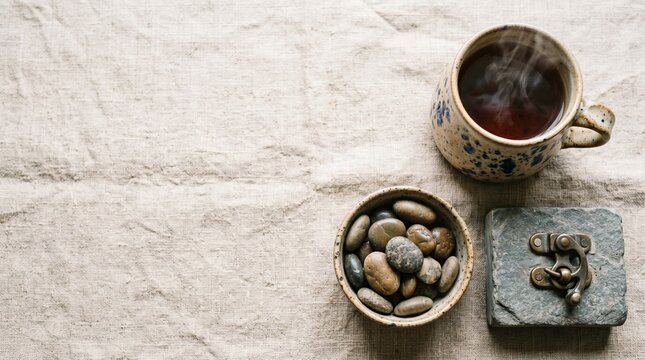 Flat lay of hot black coffee, a vintage stone box with a metal clasp, and a small bowl of river stones on a textured beige linen fabric.