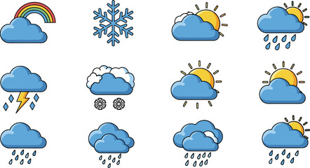 Fototapeta premium Weather icons collection with clouds rain snow sun rainbow and storm symbols flat vector illustration for forecast design