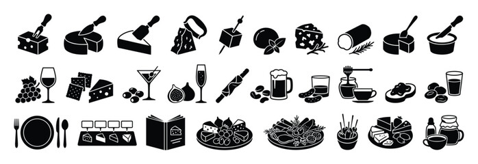 Obraz premium Set of cheese and appetizer icons. Food, drink, gourmet snack, charcuterie, bar, restaurant menu symbol collection. Solid pictogram for web and print.