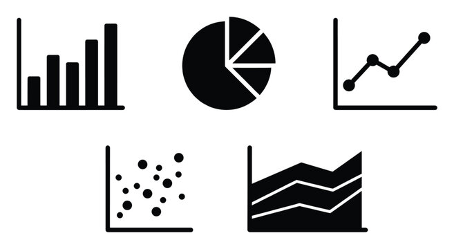 Chart icons set. Data visualization, statistics graphs, business analytics diagrams. Bar, pie, line, scatter plot, area graph vector glyphs. Infographic, web, UI, app symbols.