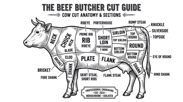 The Beef Butcher Cut Guide: Cow Anatomy & Sections Illustration